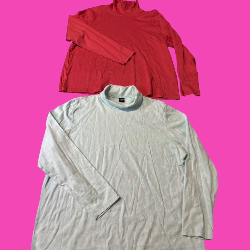 Lands End Turtleneck Tops Women XL Red Blue Snowflake Bundle 2pk Long Sleeve